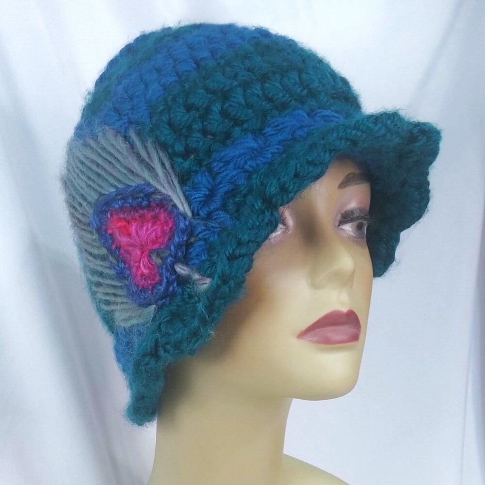 Handmade Crochet Peacock Feather Hat Blue Green Beanie Cottage Core Cozy New
